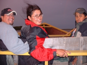 Ron, Xavier and Philip Kataquapit going out onto James Bay in northern Ontario with a freighter canoe